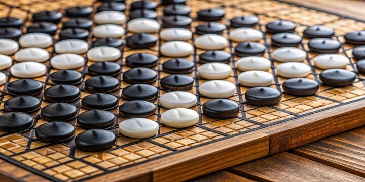 Detailed game of Othello played on a grid with black and white pieces arranged in intricate patterns, chess alternative, piece arrangement
