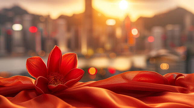 Close-up of a red bauhinia brooch on silk, golden light on petals, festive city backdrop - celebrating Hong Kong's establishment day with elegance.