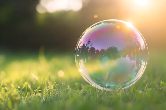 Colorful circle bubble on nature background. Soap bubble, foam