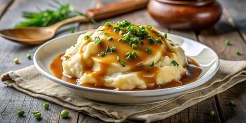 A serving of creamy mashed potatoes topped with a rich and savory gravy, freshly baked in the oven , creamy mashed potatoes, savory gravy