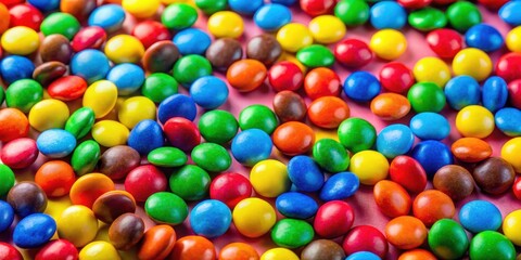Obraz premium Brightly colored M&M candies scattered on a vibrant background, creating a fun and playful atmosphere, happy vibes