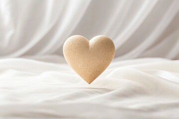 Fototapeta premium Wooden heart on white fabric background. Valentine's day concept.