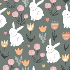 Cute bunnies and flowers seamless pattern. Nursery vector background.