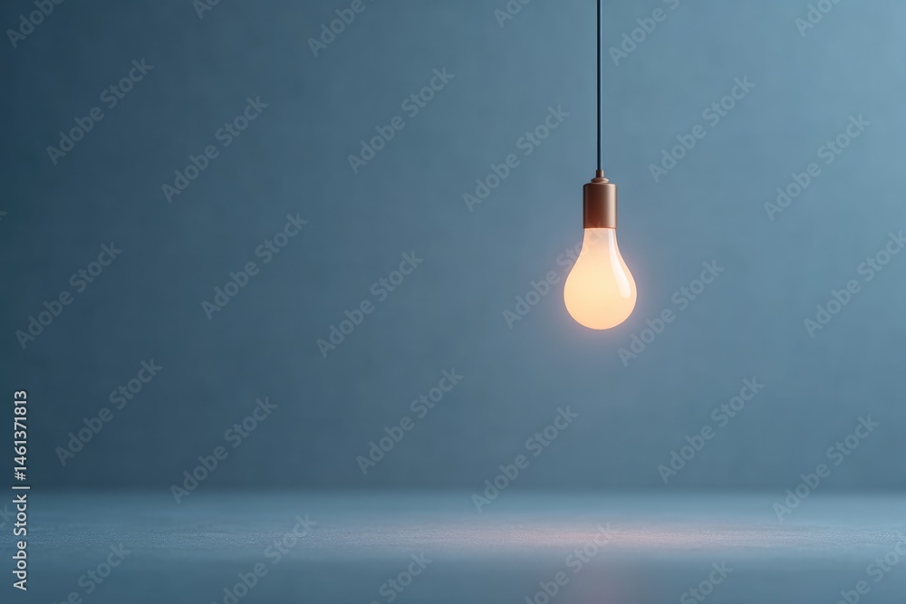 Aufkleber solitary light bulb hangs in empty room symbolizing spark of innovation and startup ideas with ample