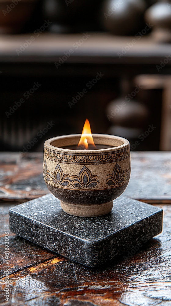Poster a beautiful candle placed elegantly on a table creating a warm atmosphere with soft glow of light