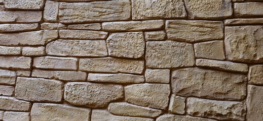 A textured stone wall composed of irregularly shaped rocks, arranged in an organic, interlocking pattern that highlights its rugged aesthetic.  