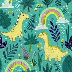 Cute cartoon animal vector design with seamless pattern of dinosaurs and flowers.