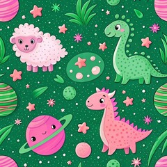 Cute seamless pattern design set of cartoon animals with dinosaurs and sheep in space surrounded by stars for kids wallpaper with beautiful decoration.