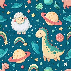 Cute seamless pattern design set of cartoon animals with dinosaurs and sheep in space surrounded by stars for kids wallpaper with fun winter holiday decoration.