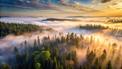 Dense fog envelops towering pine trees in a serene green forest landscape from above aerial view at dawn, dawn light, nature photography