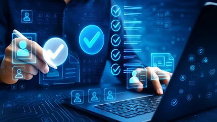 Digital Identity Verification and Access Approval Interface with Checkmarks and User Icons on Futuristic Laptop Screen

 - Powered by Adobe