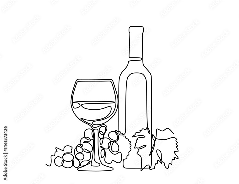 Poster bottle of wine with wineglass and grape bunch in continuous line art drawing style. minimalist black
