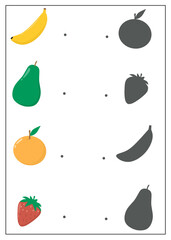 Matching shadow worksheet for kindergarten, find the correct shadow activity, fruits worksheet for kids, Match each fruit to its correct shadow by drawing a line
