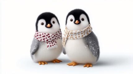 Two penguins are wearing scarves and standing next to each other