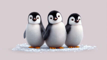Three penguins are standing on a snowy surface