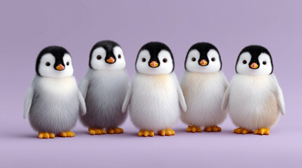 A group of five penguins are standing next to each other