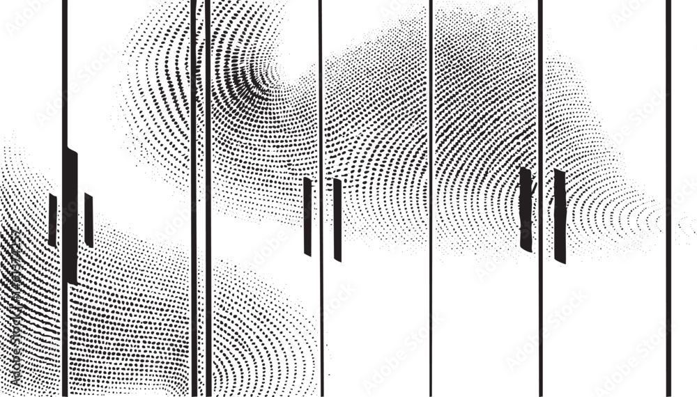 Poster seven vertical bars create a dynamic swirling on a textured background.