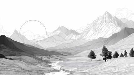 A mountain range with a large sun in the sky