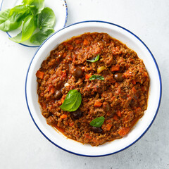 Minced beef ragout with olives