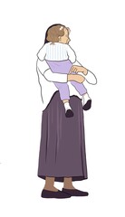 Illustration of a mother holding a young child close in a tender embrace. A simple, heartwarming moment of love and security, shown in a clean, stylized composition with soft, muted tones.