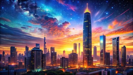 Obraz premium A vibrant, colorful cityscape at sunset with a futuristic skyscraper in the foreground and a vast