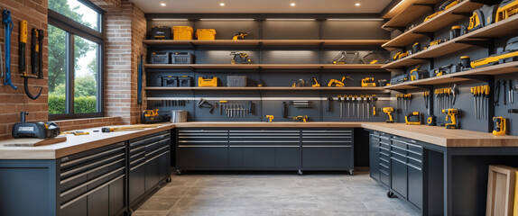 Modern workshop or garage interior with organized tools and equipment displays