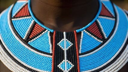 Detailed beaded collar showcasing intricate patterns and vibrant colors, reflecting cultural artistry and craftsmanship.