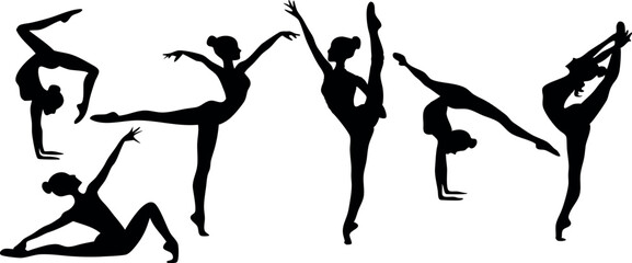 Ballerina and Gymnast Silhouettes – Vector Set of Flexible Female Dancers in Elegant Poses Isolated on White Background