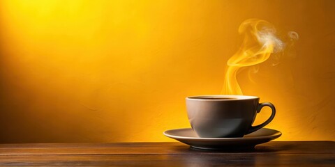 A steaming cup of dark coffee with a rich aroma on a bright yellow background, coffee, morning, coffee, morning, morning beverage