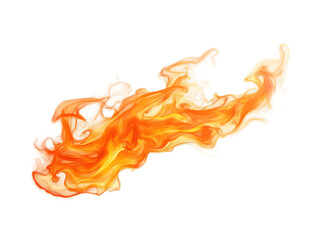 Swirling orange flames burst isolated on the white background, creating dynamic, abstract art. Energetic fire rises and curls into intricate wisps, evoking intense motion.