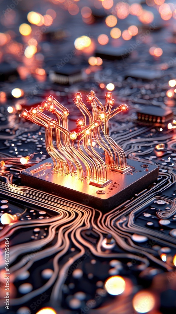 Poster a circuit board highlighting a lit-up figure symbolizing technology and innovation in modern design