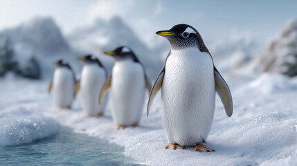 Fototapeta premium A group of penguins are standing in the snow near a body of water
