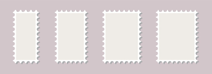 Blank postage stamps borders vector set. Mockup postage stamps with shadow. Realistic trendy post stamps set. Vector stock.	