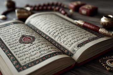 The Holy Quran on a desk, inscribed in Arabic calligraphy. Generative Ai