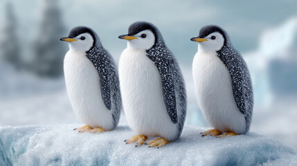 Three penguins are standing on a snowy surface