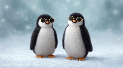 Two penguins wearing sunglasses stand on a snowy surface