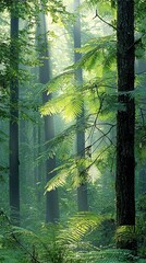 Fototapeta premium Serene forest landscape featuring a rustic wooden bench perfect for relaxation and reflection
