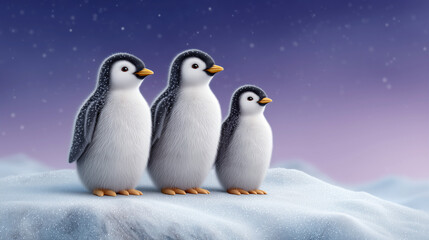 Three penguins standing on a snowy hill