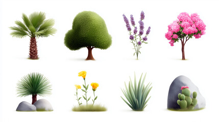 A collection of trees and plants, including a palm tree