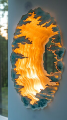 Oval wall mirror with sculpted, illuminated, organic design