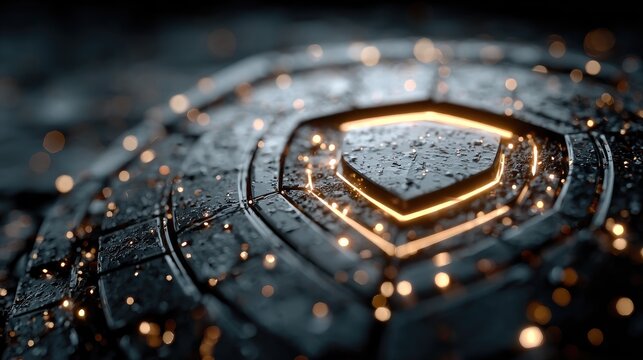 Abstract digital shield with glowing binary code, symbolizing futuristic cyber protection in cool blue and silver tones.