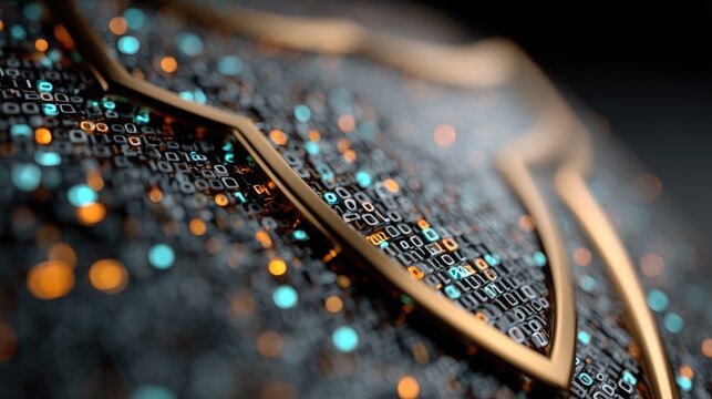Abstract digital shield with glowing binary code, symbolizing futuristic cyber protection in cool blue and silver tones.