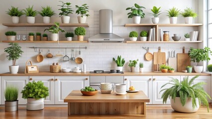 A serene kitchen scene with a houseplant on the counter, surrounded by cooking utensils and appliances , food preparation, greenery indoor