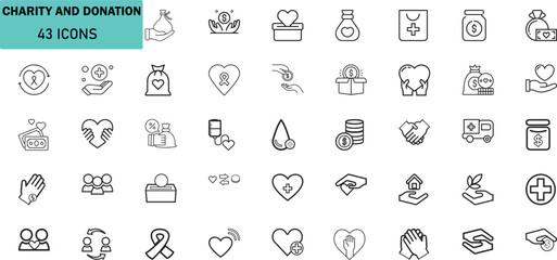 Charity and Donation Line Icons Set. Help, Fundraising, Support, Nonprofit, Volunteer Vector Pack