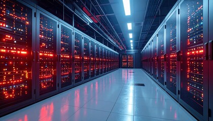 Server Room with Rows of Racks and Lights