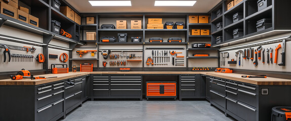 Organized and modern workshop interior with tools and storage cabinets