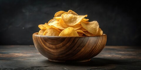 A rustic wooden bowl filled with crunchy potato chips on a dark black background, showcasing the texture and flavor of the snack , flavor, dark background