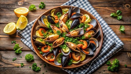 A beautifully styled platter of steamed mussels, clams, and shrimp, accompanied by a wedge of lemon and a sprinkle of parsley on a rustic wooden tablecloth , parsley, seafood feast