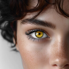 A woman with a yellow eye and a light brown face