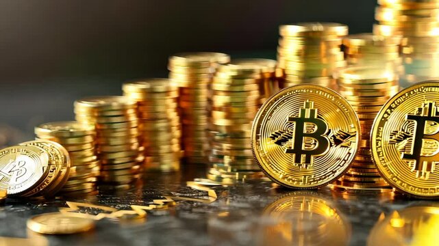 Stacks of gold coins. Reduction of money, loss of money, reduction of gold coins